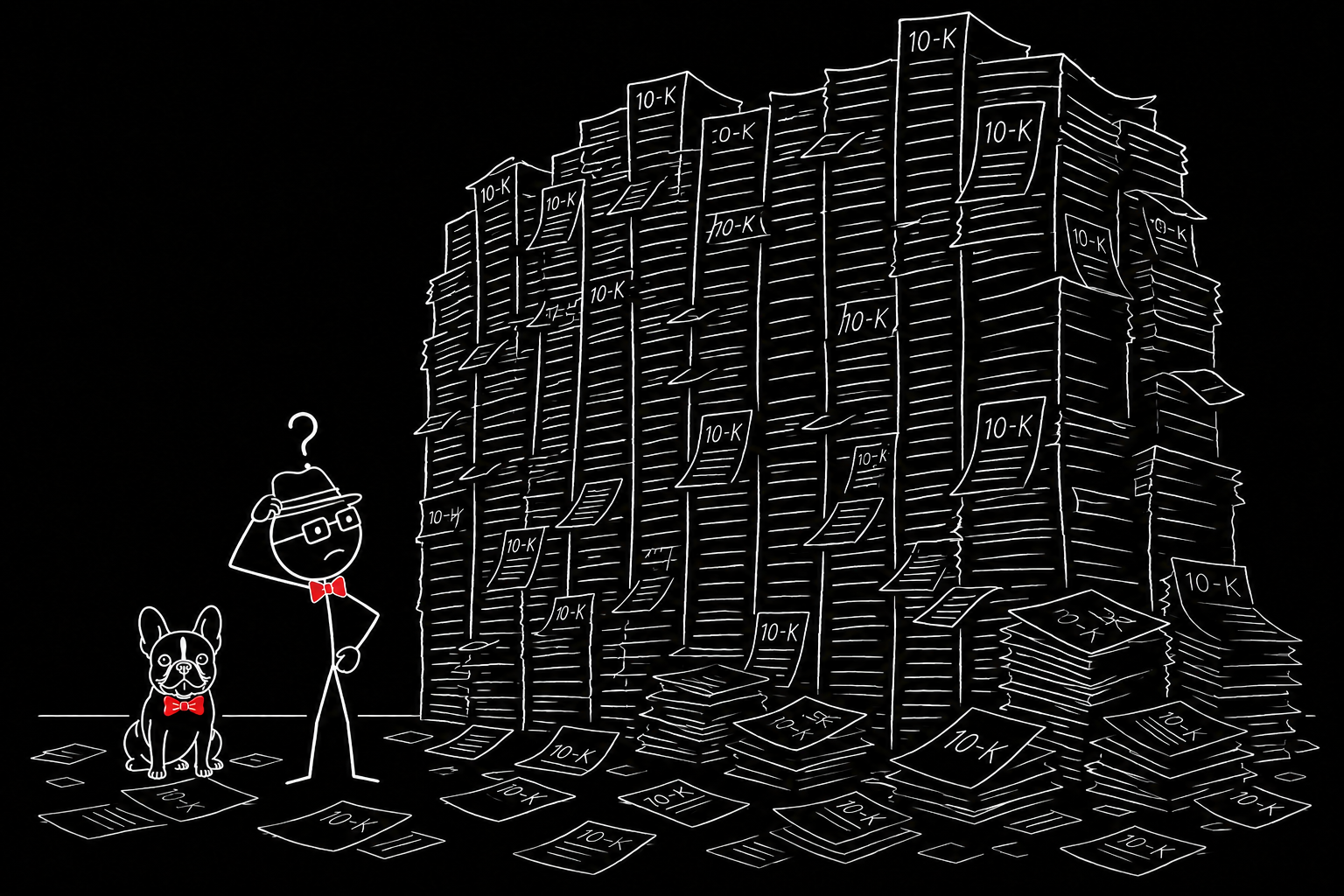 A confused Walter10K scratching his head in front of a towering wall of 10-K reports, trying to figure out where to begin