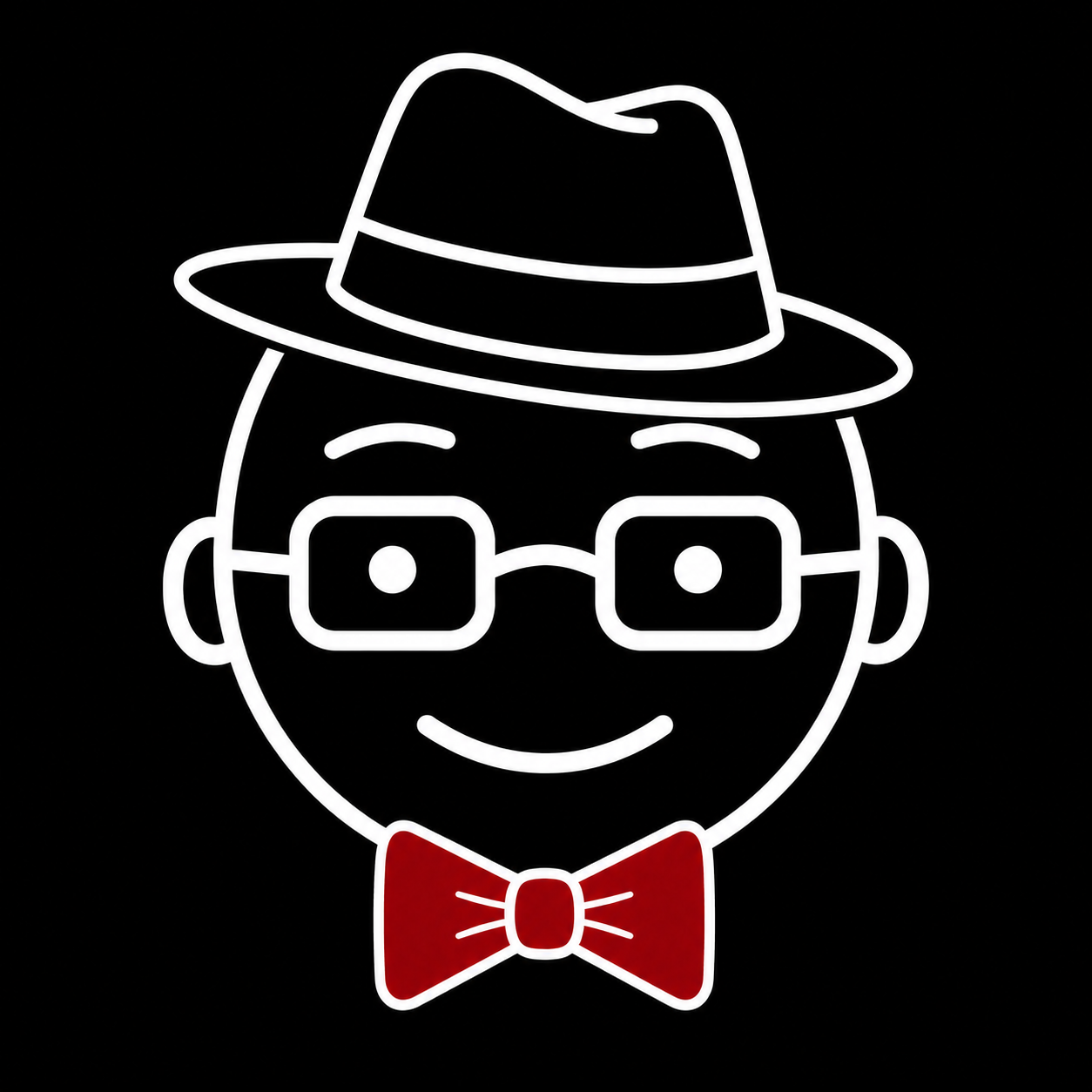 Walter10K with a black fedora, white glasses and red bow tie